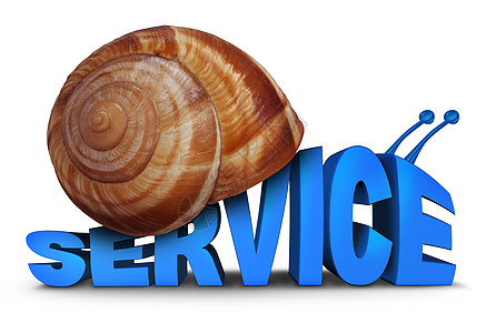 服务问题的三维文本,形状像蜗牛,外壳个符号,为糟糕的缓慢的客户关怀缺乏动机的白色背景图片