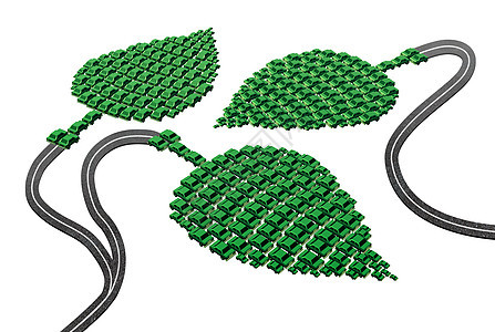 绿色运输与道路相连的叶子形状的汽车汽车,替代燃料的隐喻,如电力生物燃料燃料电池氢,未来环保运输解决方案的象图片