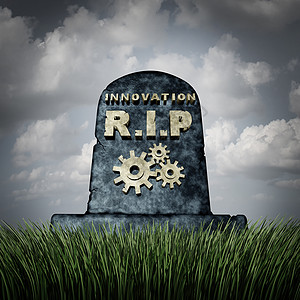 未能创新创新问题个坟墓石头与文字齿轮图标代表行业死亡,由于缺乏资金技术愿景,导致业务失败图片