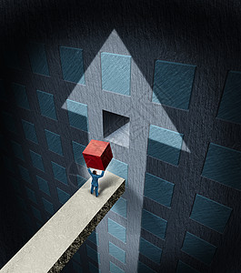 财务成功的个商人举个沉重的红色立方体,完成个墙壁拼图,形状为向上箭头,个商业财富计划利润战略的隐喻图片
