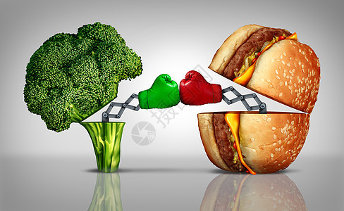食物抗营养种新鲜的健康西兰花,与健康的奶酪汉堡战斗,拳击手套出现用餐选择中,互相殴打图片