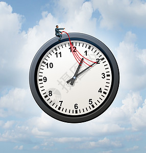 控制你的时间,负责你的商业时间表符号,个商人,为天空中的飞行时钟隐喻提供指导图片