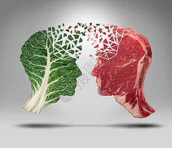 食物信息饮食健康平衡与选择与人头形绿色蔬菜甘蓝叶块红肉牛排的营养健康生活方式的决定饮食事实关图片