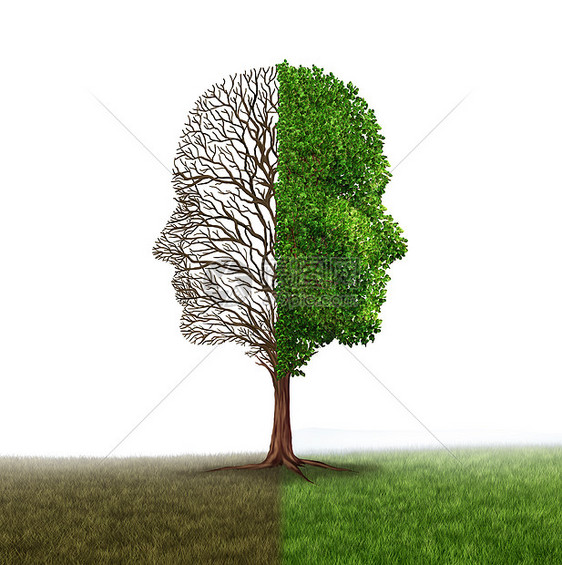 人类情绪情绪障碍棵树,形状为两张人的脸,半空的树枝,另边充满叶子的叶子,种医学隐喻,白色背景下感情进行图片