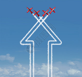 个箭头符号成功的图标,由的喷气式飞机蓝天上的空中表演同工作图片