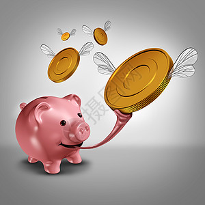 储蓄战略增加收益的金融,个猪罐,长着青蛙的舌头,空中捕捉翅膀的金币,预算成功的货币隐喻图片