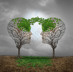相互支持相互拯救种互利的商业理念,因为两棵病树新的叶子生长,了人类的头脑,为成功提供了复兴图片