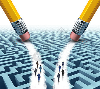 商业队解决方案的选择两同的员工迷宫迷宫上行走开放的道路上,由铅笔橡皮制成,招聘公司的就业选择的隐喻图片