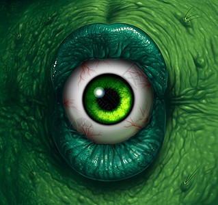 怪物眼睛万节怪物恶魔特写与的绿色嘴唇咬入恶心的眼球噩梦僵尸可怕的女巫背景图片