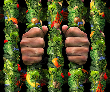 健康饮食痴迷的沉迷于健康食品的象征神经正畸病种极端的饮食惯,只食用某些食物,就像人的手水果蔬菜制成的牢房图片