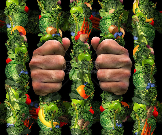 健康饮食痴迷的沉迷于健康食品的象征神经正畸病种极端的饮食惯,只食用某些食物,就像人的手水果蔬菜制成的牢房图片