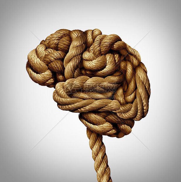 纠结的大脑心理健康根绳子,扭曲成个人类的思维器官,精神功能疾病的医学神经符号,如痴呆自闭症图片