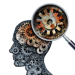 大脑衰退痴呆衰老脑癌衰退阿尔茨海默病的记忆丧失,其医学标志旧的生锈机械齿轮金属齿轮的齿轮,形状为人的头部生锈背景图片