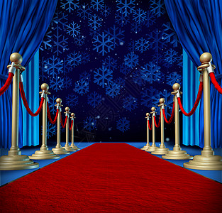 冬季红地毯背景,如舞台上的T台跑道,雪花飘落,新营销与合作促销的季节节日庆祝背景图片
