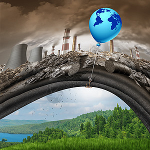 蓝色地球气候变化全球协议的个蓝色的希望气球,地球移除了污染的肮脏工业背景,揭示了干净的绿色自然景观温室气体解决方案的象征背景