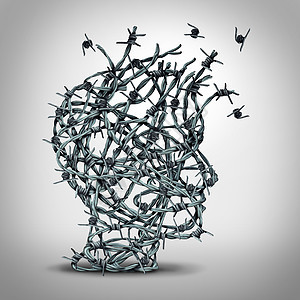 焦虑解决方案免于惧逃避折磨的思维抑郁的,纠结的铁丝网铁丝网围栏,形状为人头挣脱,心理精神图标的隐喻图片