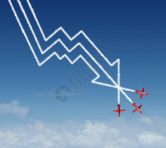金融跳水商业空中表演杂技喷气式飞机,创造了个烟雾模式,形状为金融图表下降利润损失图表与向下箭头图片