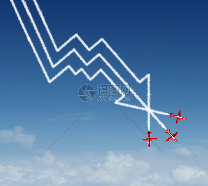 金融跳水商业空中表演杂技喷气式飞机,创造了个烟雾模式,形状为金融图表下降利润损失图表与向下箭头图片
