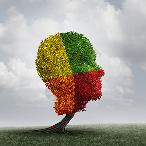 人的情绪心理变化棵人头树,以变化的叶子颜色心理健康的隐喻,大脑思维障碍神经学化学失衡人格变化的象征背景图片