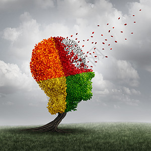 痴呆,脑丢失,记忆问题衰老,由于认知疾病阿尔茨海默氏病,颜色变化的医学图标,秋天的树,形状像个人的头失叶子与风的背景图片