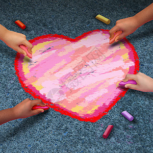 社区爱的群人着粉笔人行道上画个心形,队的隐喻表达感激情人节庆祝活动图片