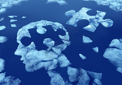 拼图头部的想法,个人的脸轮廓,由漂浮的冰浮水中,与个拼图块切割个寒冷的蓝色北极背景心理健康的象征背景图片