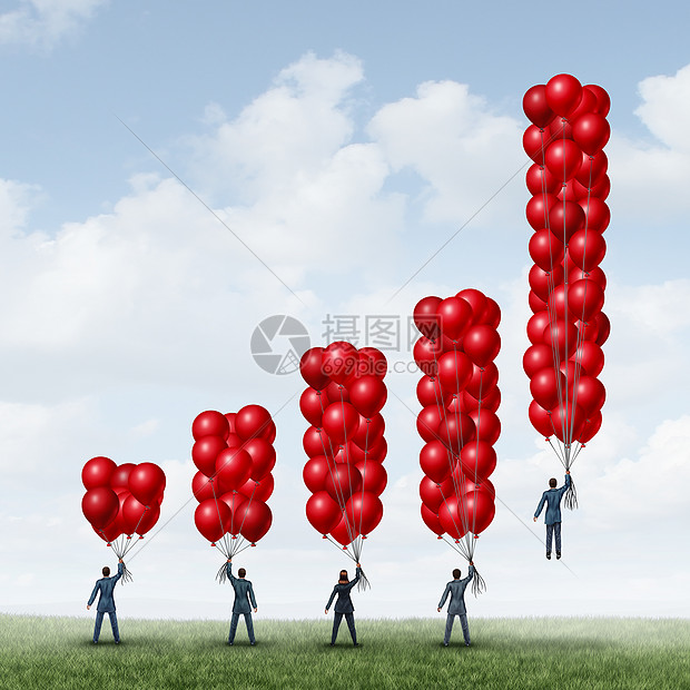 商业成功图群商人着气球,形状像张金融图表,其中个商人足够的气球物体积累来,达临界质量,而达上升成功的目的图片