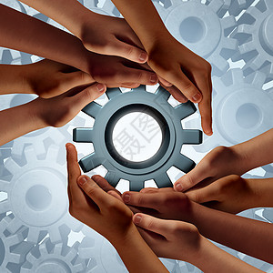 全球工程多样化的社区商业成功象征着群手着个齿轮齿轮,全球化合作队合作战略的隐喻图片