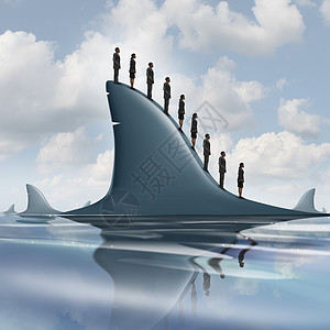 风险商业隐喻的群勇敢知情的商人站大鲨鱼的背鳍上,克服公司惧勇气无畏的象征图片