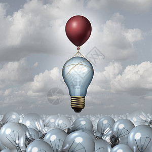 创新思维三维插图灯泡广阔的景观中,个灯泡气球的帮助下上升,创造创新灵感的动机隐喻图片