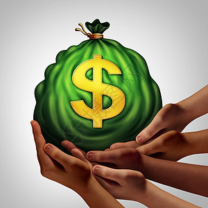 社区银行集金融队的象征手握袋钱,金融众筹的隐喻,以3D插图风格图片