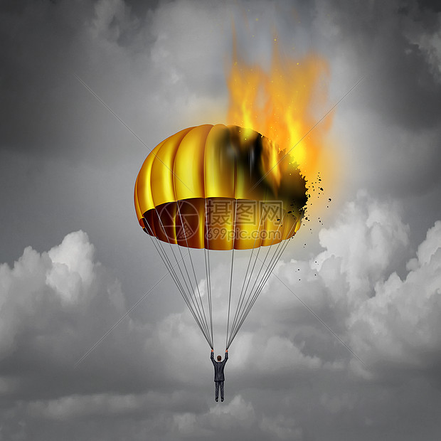 黄金降落伞问题的,个商人危险中跳伞与黄金落架着火燃烧,个商业挑战的象征,公司协议失败与3D插图元素图片