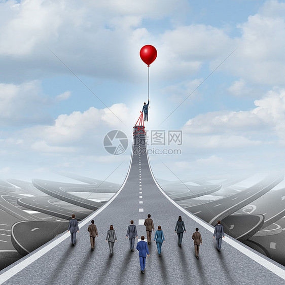 野心商业成功管理队经理象征着个商人举条道路与气球领导隐喻与三维插图元素图片