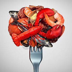海鲜的贝类甲壳动物鱼类聚集个叉子上,顿来自海洋的新鲜大餐,龙虾蒸蛤贻贝,虾,章鱼沙丁鱼个海洋美食晚图片