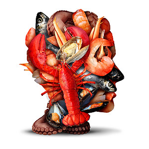 海鲜思维的贝类甲壳动物鱼类合,个人头鱼贩的象征,种新鲜的食物,海洋信息与龙虾蒸蛤贻贝,虾,章图片