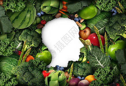 水果蔬菜的思想为人类健康的饮食,农场新鲜产品,形状为头部符号与蔬菜健康的自然食品三维插图风格图片