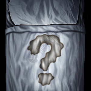 尿床问题尿床问题床垫上的液体污渍,形状为问号,医疗膀胱健康问题心理问题,持续睡眠三维插图风格图片