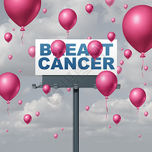气球广告牌乳腺癌的认识治疗种医学符号,打击乳腺肿瘤的生长,种药物治疗治疗的希望图标与粉红色气球覆盖广告牌标志文本三背景