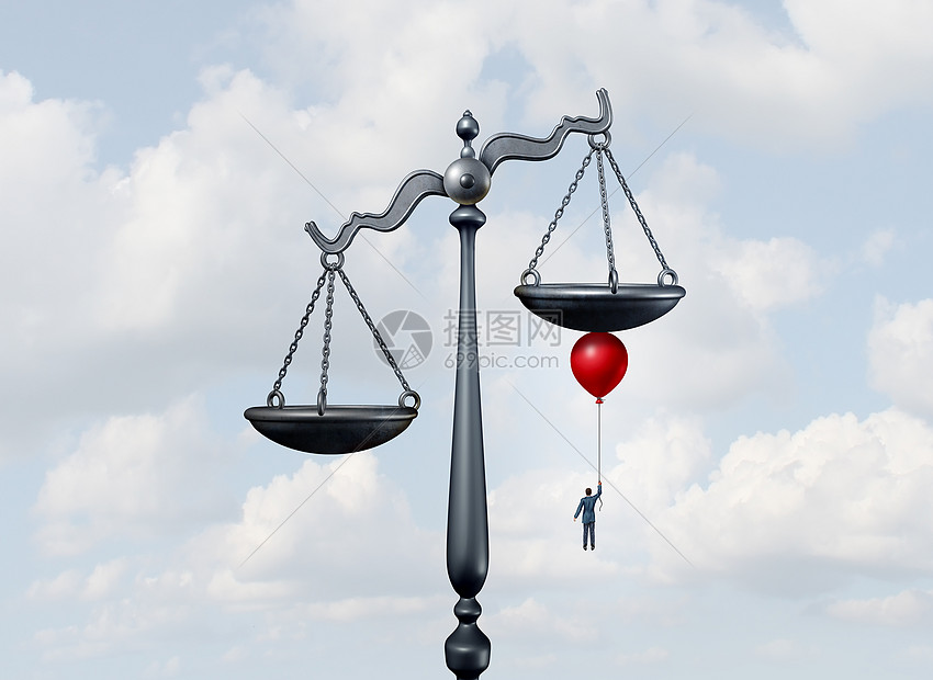 ‘~翻司法的尺度司法法院的尺度被移动影响的商人律师与气球移动的平衡,以他的优势与三维插图元素  ~’ 的图片