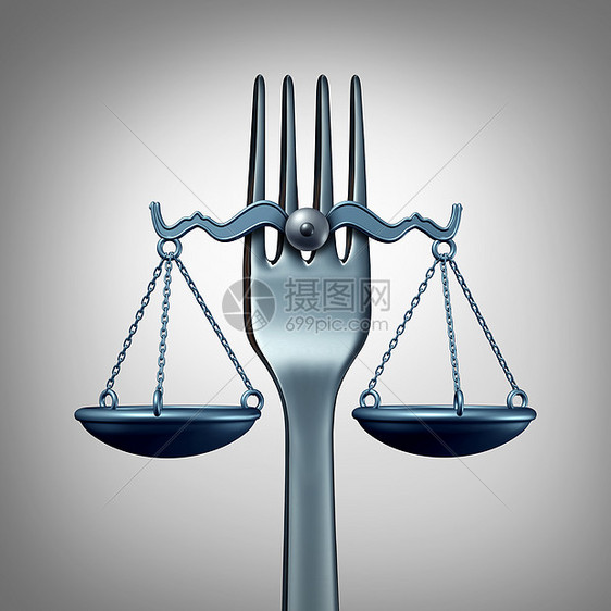 食品法法律法规,厨房叉子形状为正义的尺度,营养检查的象征,饮食立法规则三维插图图片
