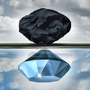 估价愿景将价值机会的可能视为财富金融可视化,种岩石煤炭,颗带三维插图元素的珍贵钻石的水中进行反射图片