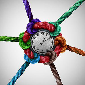 时间网络社会工作协调绳索捆绑连接个中央时钟个商业隐喻事件规划图标与三维插图元素背景图片