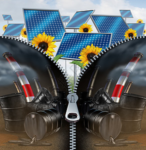 太阳能化石燃料的种绿色干净的电力燃料,拉链除了石油罐的旧工业,滴油烟堆动力替代技术的象征,白色的三维插图图片