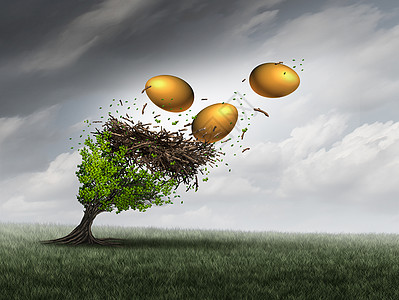 退休基金危机的棵破坏的雷声风暴中倒下的树个鸟巢金蛋的危险,退休老人的金融投资问题的隐喻,带三维插图元图片