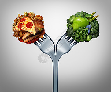 健康健康的食物饮食决策营养选择两难的健康好新鲜水果蔬菜胆固醇丰富的快餐与餐叉分为两个与3D插图元素图片