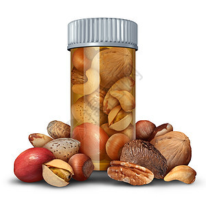 坚果药物的健康的好处,吃坚果核桃,开心果,杏仁其他贝壳水果干果个处方瓶个自然的药物治疗符号与3D插图图片