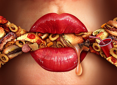 饮食成瘾消费垃圾食品种营养饮食健康问题的,就像红唇过度健康的快餐零食与3D插图元素图片