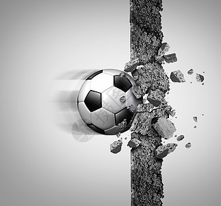足球力量欧洲足球力量种体育设备,球突破粉碎水泥墙胜利最强的冠隐喻与三维插图元素图片
