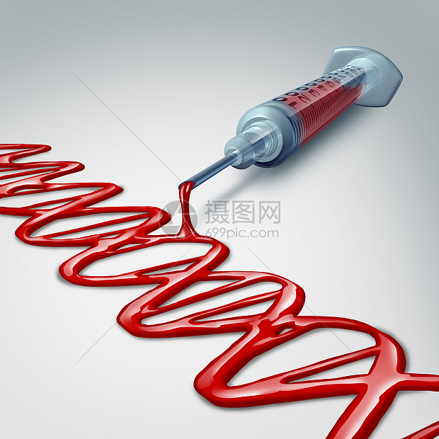 DNA血液遗传研究基因医学注射器与红色的人类液体涌出个微观形状的双螺旋三维插图图片