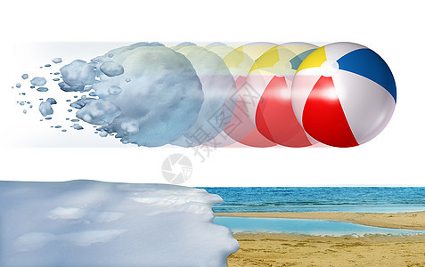 冷热的天气个寒冷的冬天雪球,变成个夏天的沙滩球,个季节的变化温度变化的隐喻与三维插图元素图片
